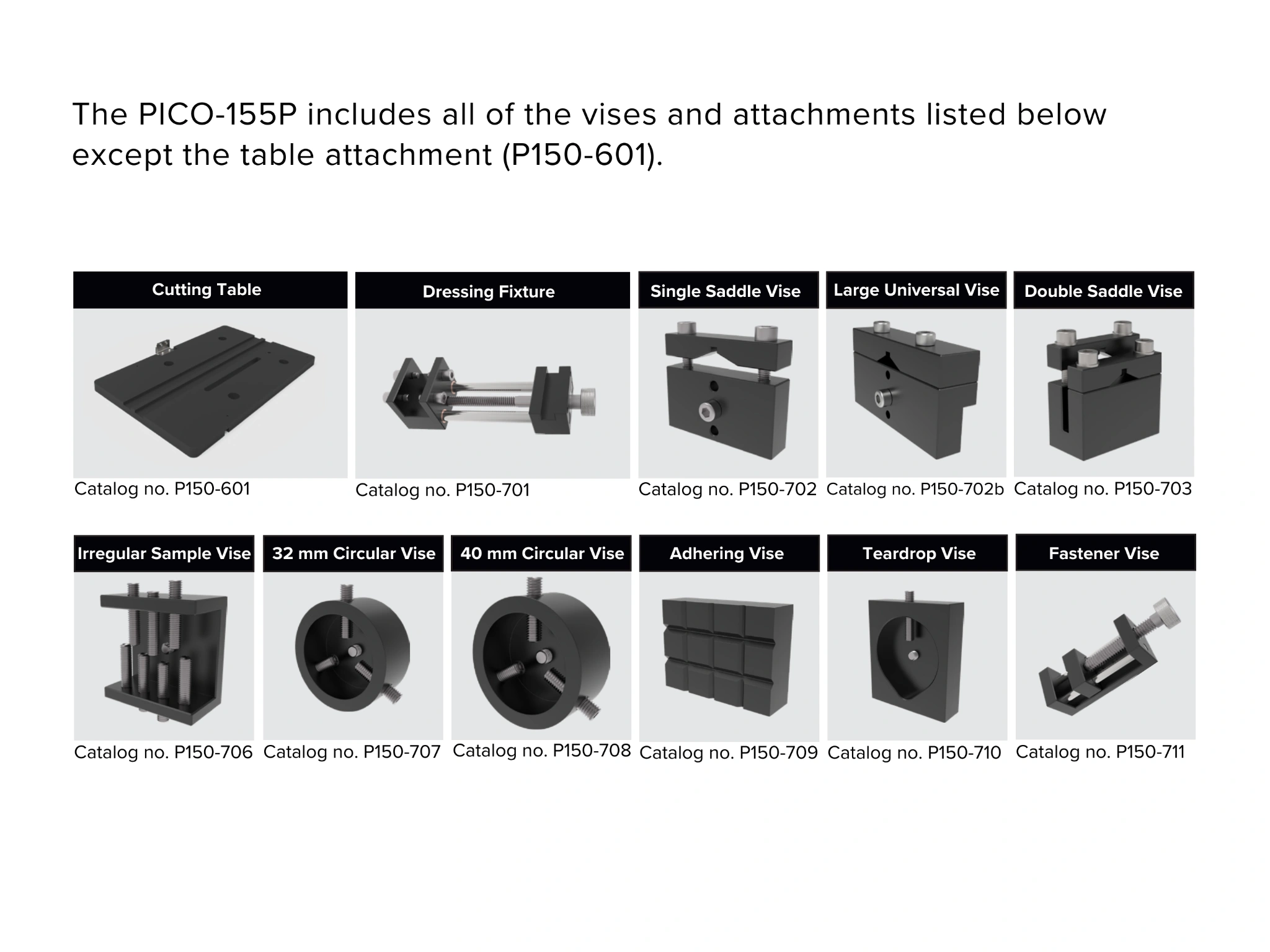 PICO-155P accessories including vises and mounting fixtures
